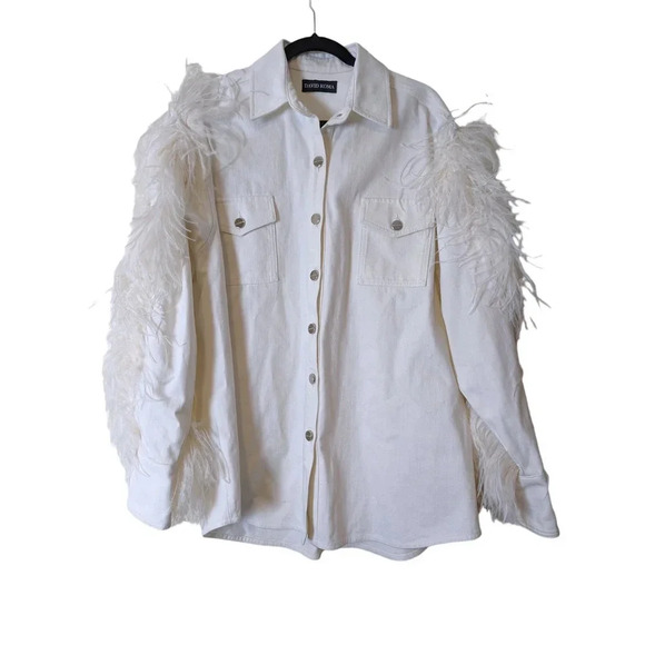 David Koma Ostrich Feather Oversized Denim Jacket Dress Bridal bachelorette - Picture 2 of 16